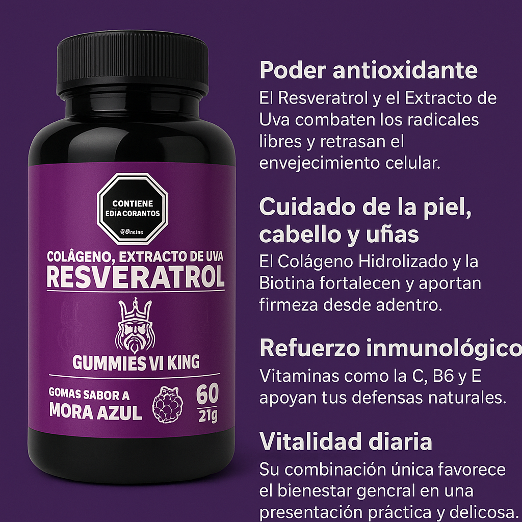 🍇 Resveratrol Gummies Vi King + Colágeno | Belleza y Vitalidad en 1 Solo Paso